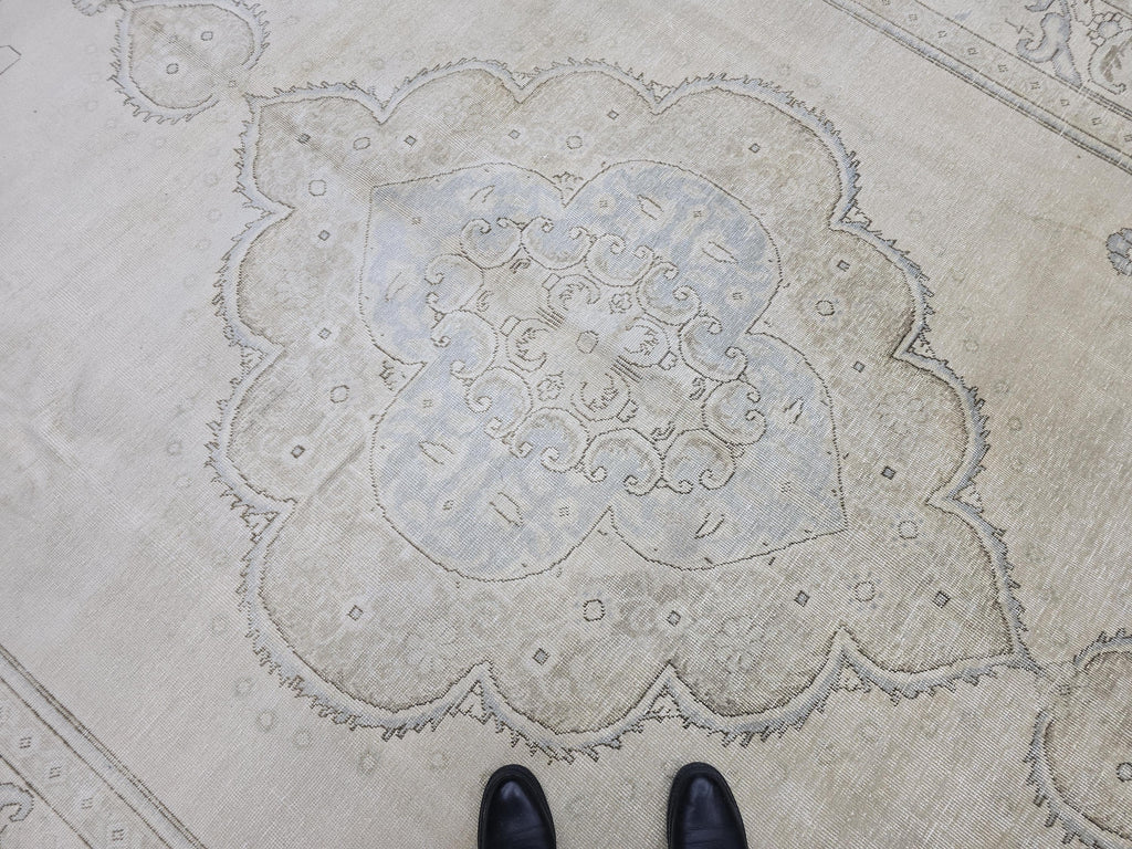 Vintage Handwoven Wool Turkish Rug 9x12: Cream Floral Medallion