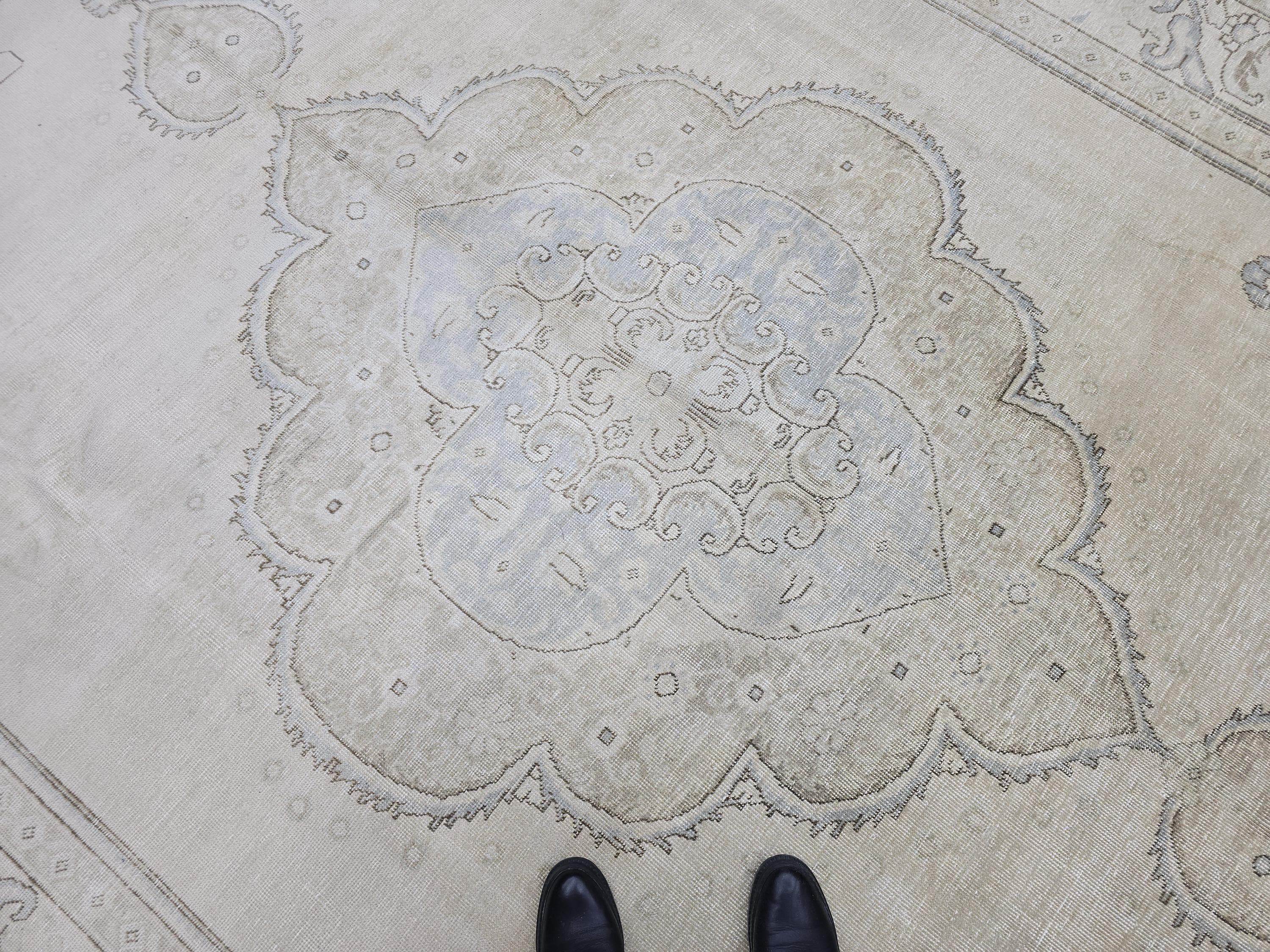 Vintage Handwoven Wool Turkish Rug 9x12: Cream Floral Medallion