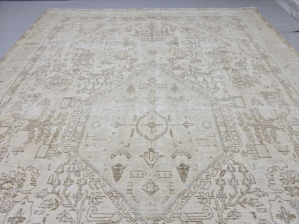 Oushak Rug 9x13, Muted Cream Beige Vintage Turkish Area Rug, Handknotted Wool Medallion Carpet for Living Room