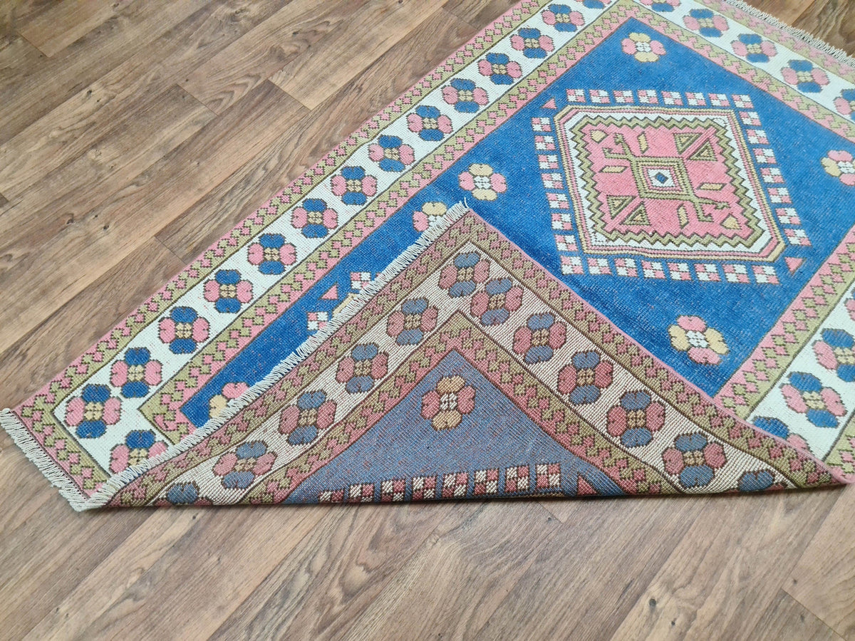 4x6 Small Turkish Rug: Small Vintage Geometric Blue Oushak (4.2x6.4 ft)