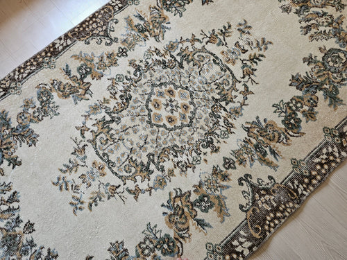 4x7 Vintage Turkish Oushak Rug Cream Brown Neutral Rug