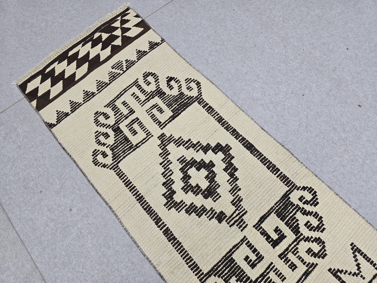 Vintage Rug Runner 2x11, Ivory Black Tribal Hand Knotted Wool Hallway Runner, Anatolian Geometric Boho Stair Runner