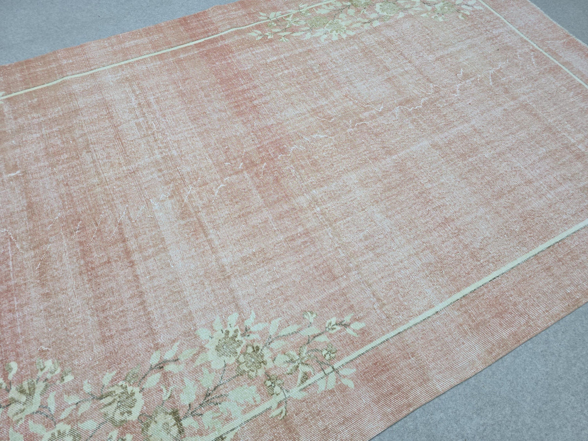Vintage Rug 7x10, Faded Coral Pink Turkish Carpet, Art Deco Floral Area Rug for Bedroom, Hand Knotted Wool Oushak