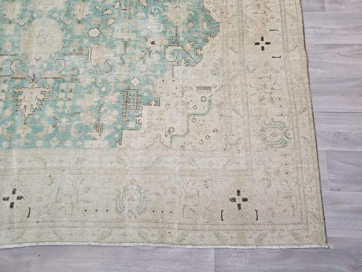 10x12 Neutral Wool Large Vintage Oushak Rug: 10x12 Beige and Sage Green Wool Area Rug