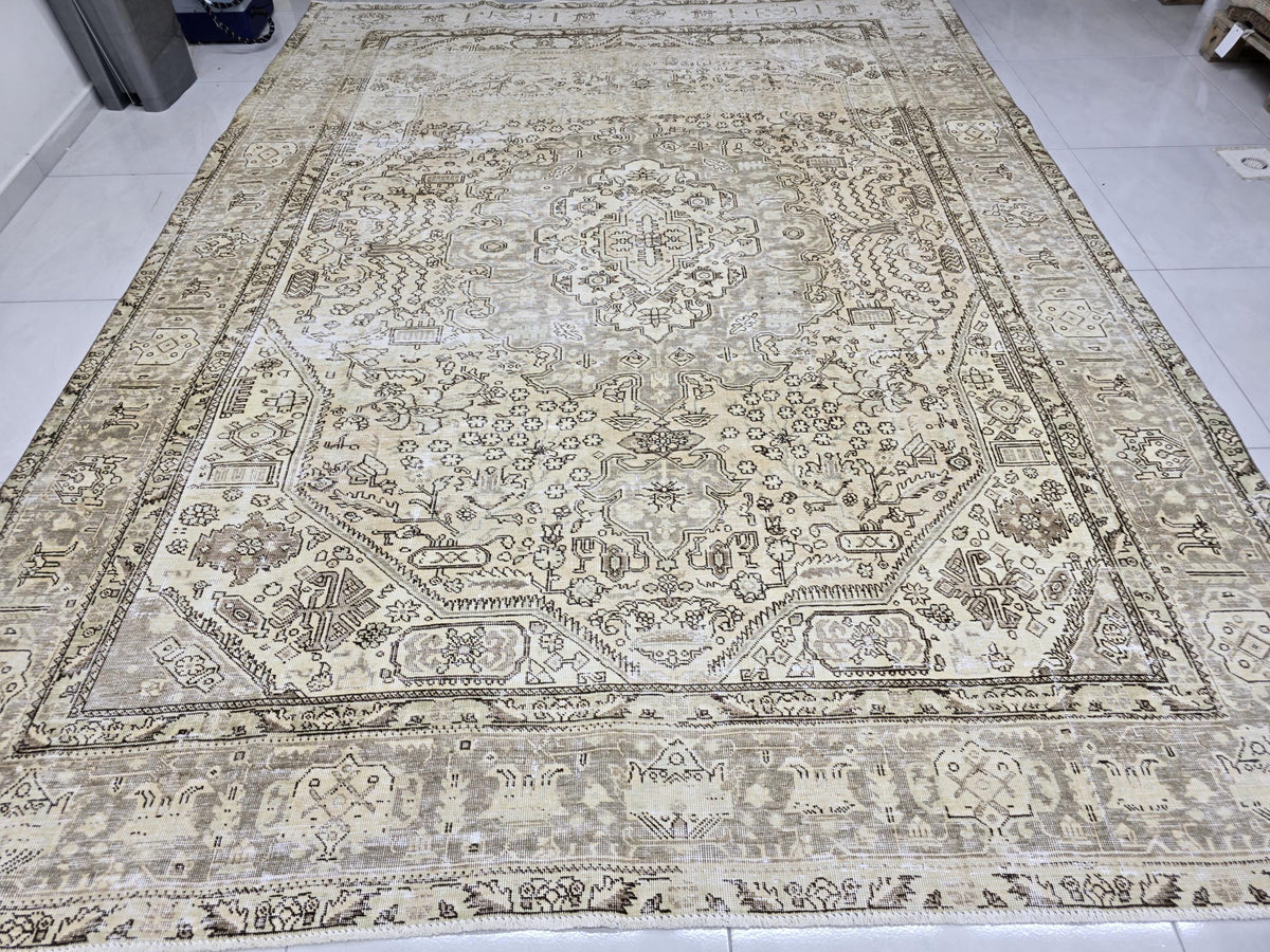 Turkish Rug 8x10, Distressed Grey Beige Vintage Area Rug, Hand Knotted Wool Carpet with Tribal Medallion for Living Room, Hallway