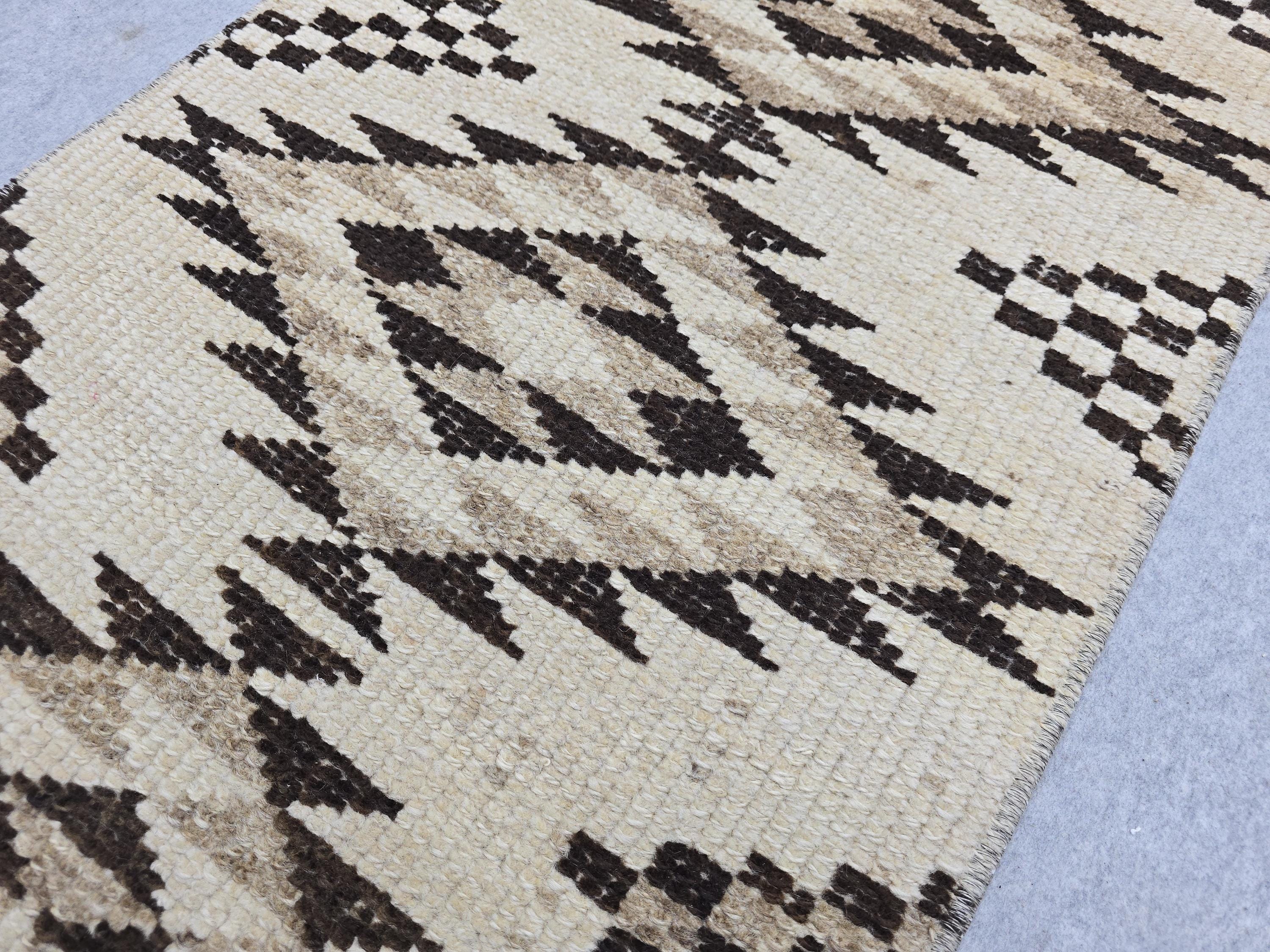 Oushak Runner 2x14, Hand Knotted Vintage Wool Extra Long Hallway Runner rug, Cream Brown Diamond Tribal Anatolian Runner, Boho runner