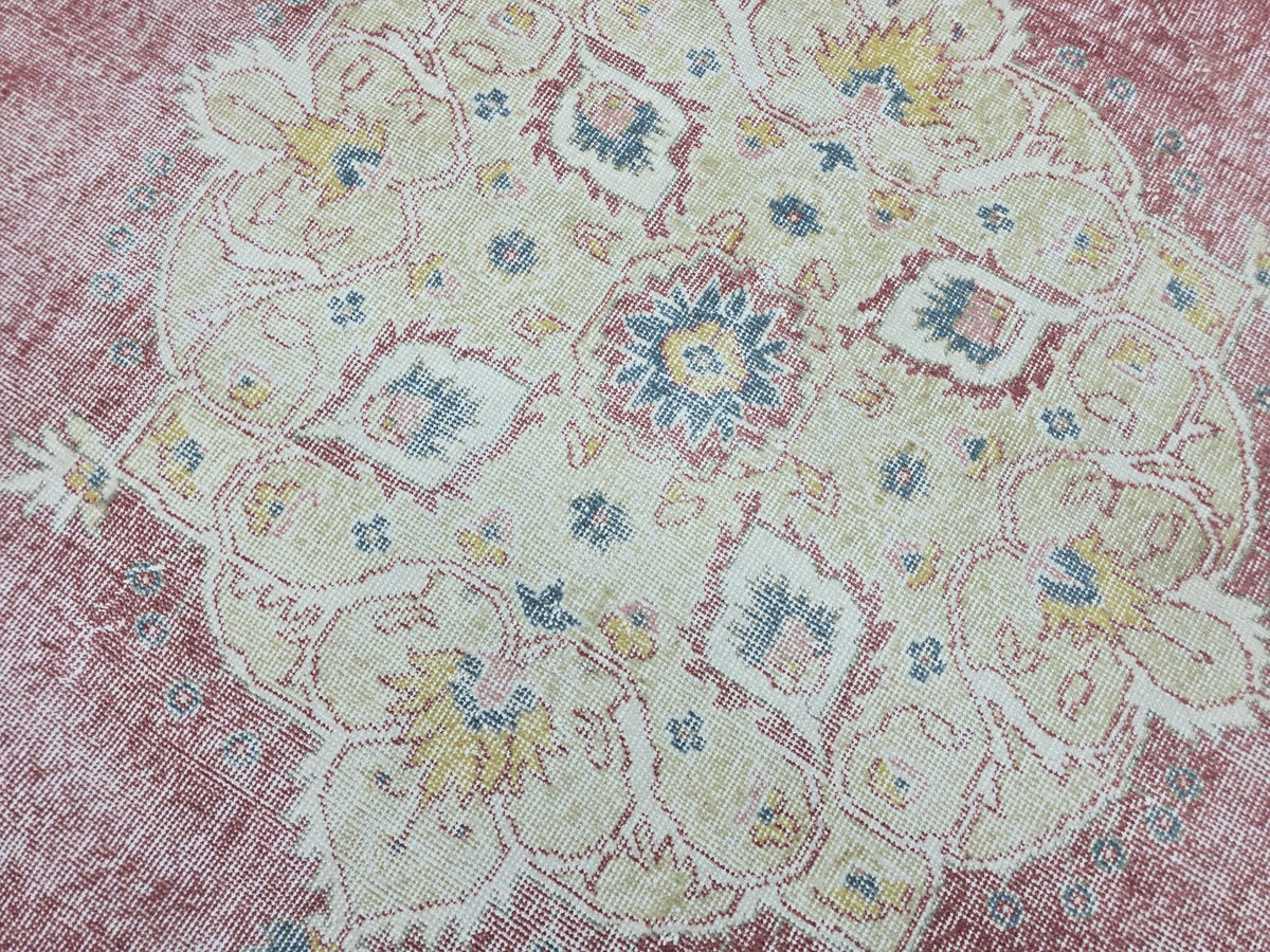 Turkish Rug 7x7, Vintage Pink Medallion Area Rug, Square Hand Knotted Wool Carpet for Living Room, Faded Rose Oushak Style