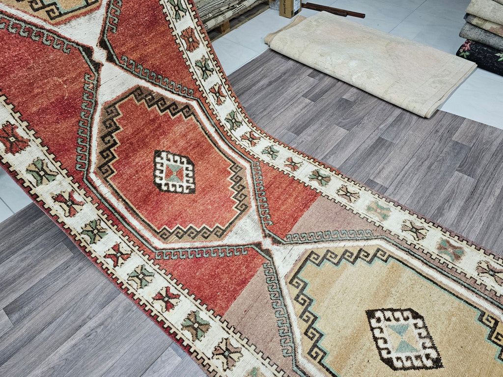 4x14 Vintage Turkish Runner Rug: Handmade Wool Oushak Carpet
