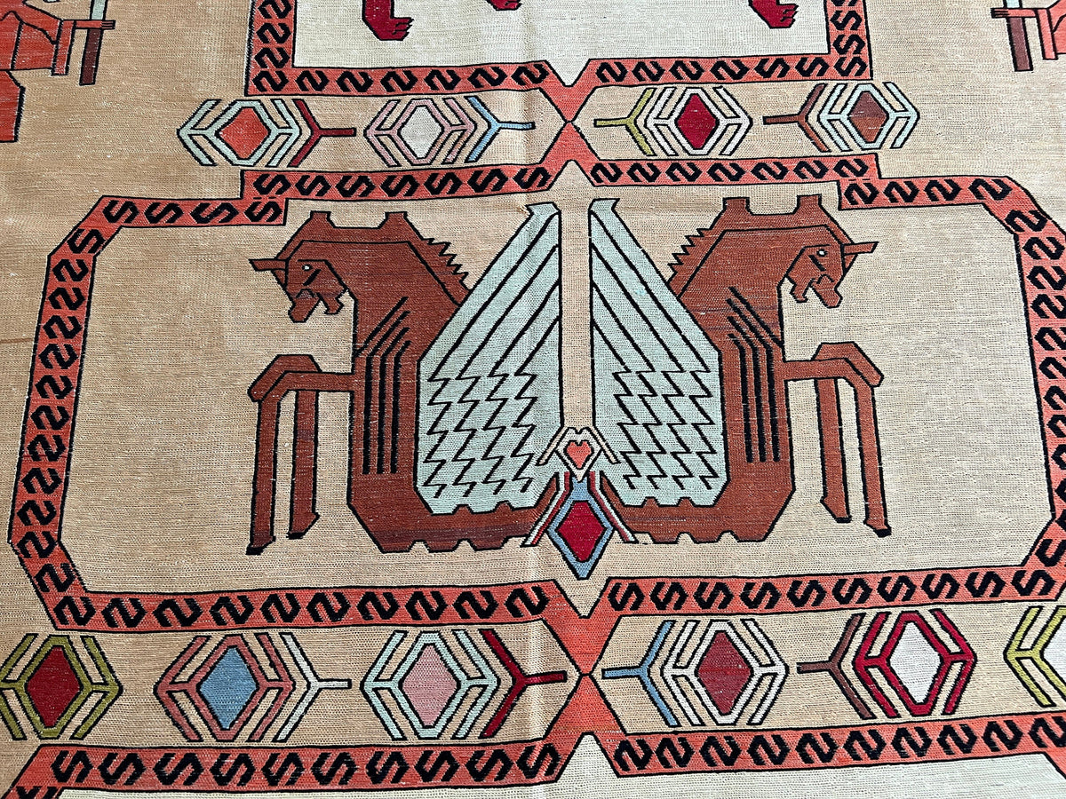 4x6 Silk Soumak Rug: Hand-Knotted Vintage Animal Design