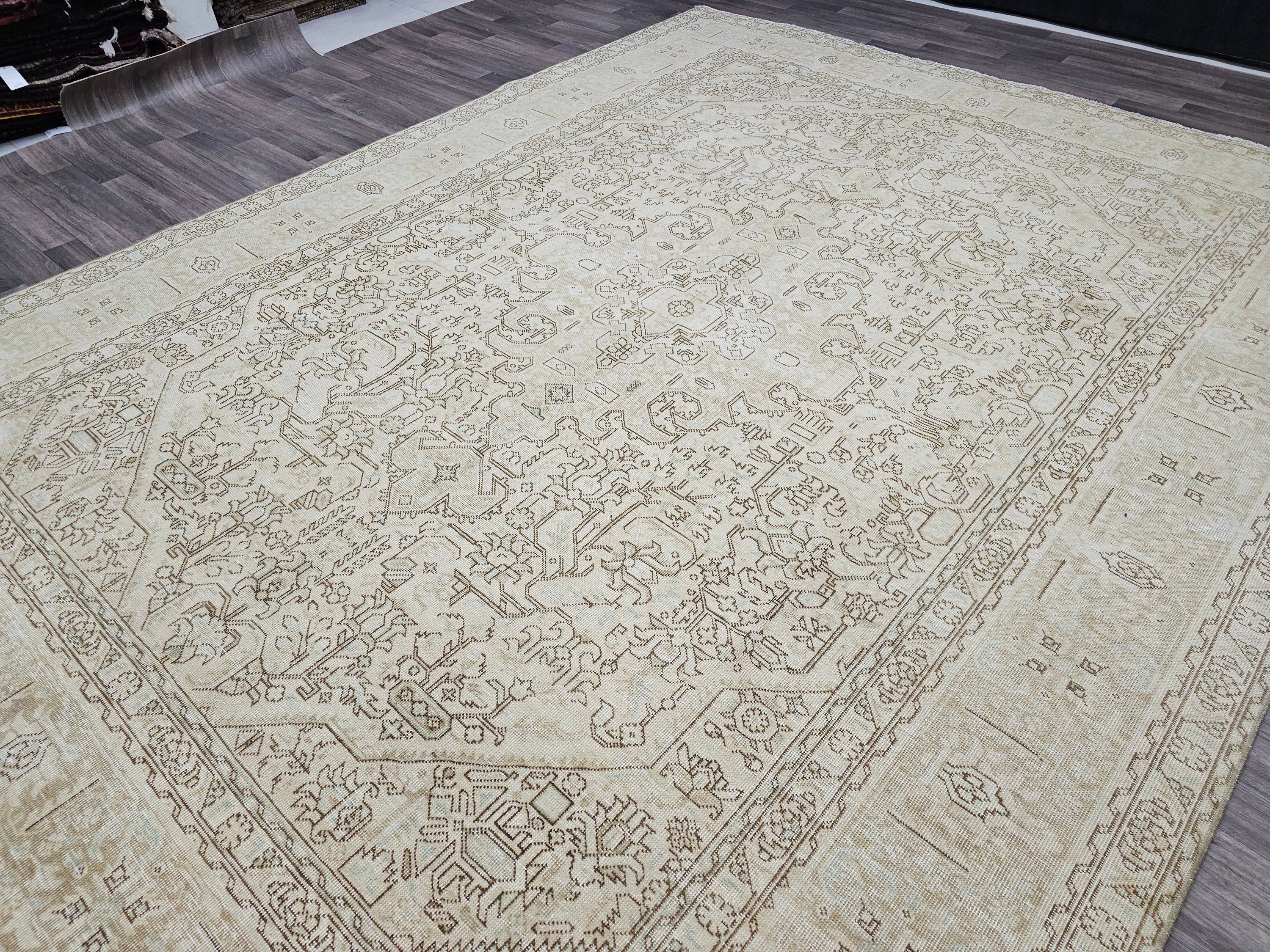 Oversize Hand Knotted Wool Rug: 9.60x12.60 ft. Vintage Turkish Geometric Carpet