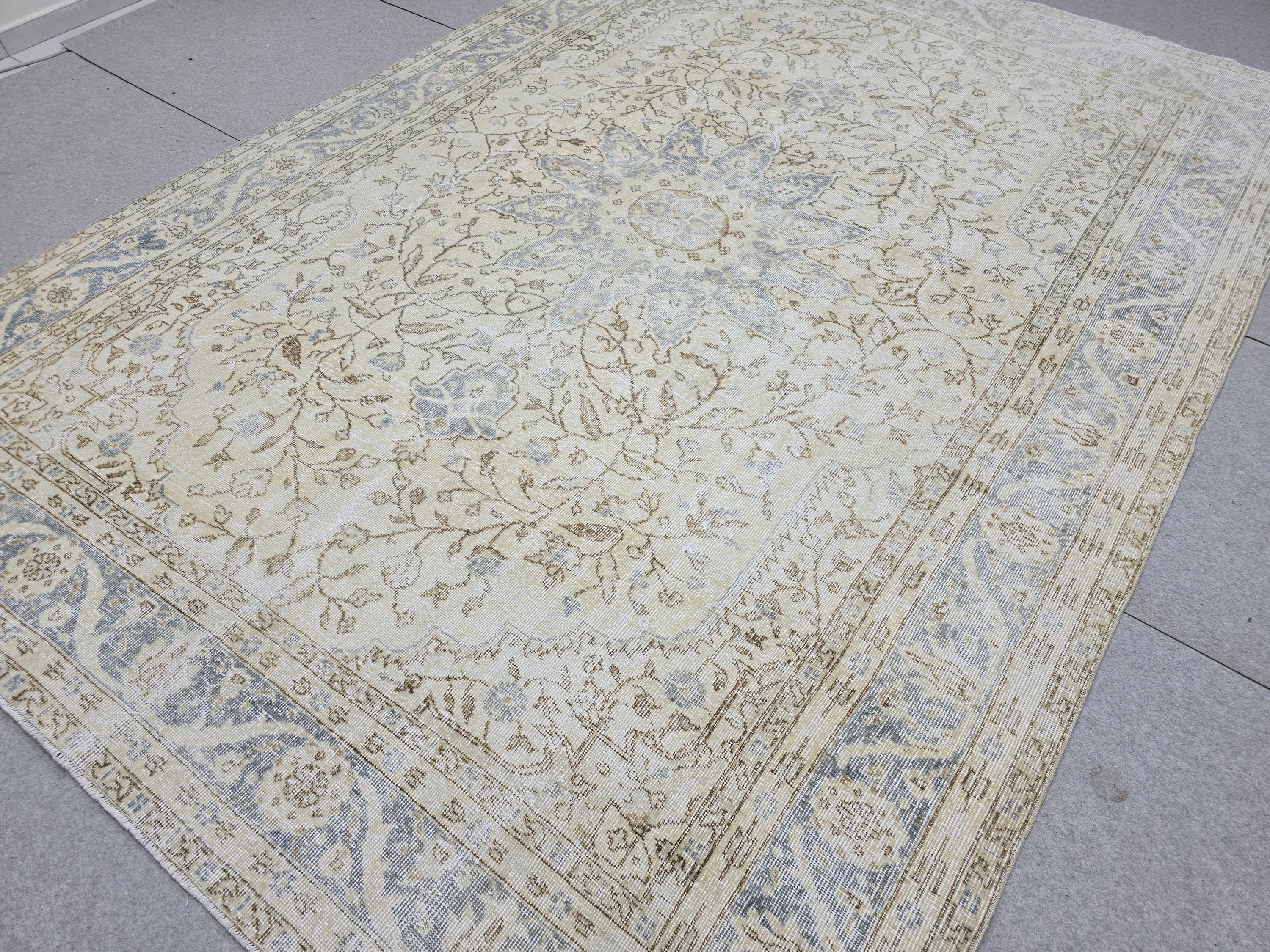 Oushak Rug 7.50x10.60 feet, Blue Medallion Turkish Carpet, Muted Cream Beige Floral, Vintage Tabriz Style Area Rug, Living Room