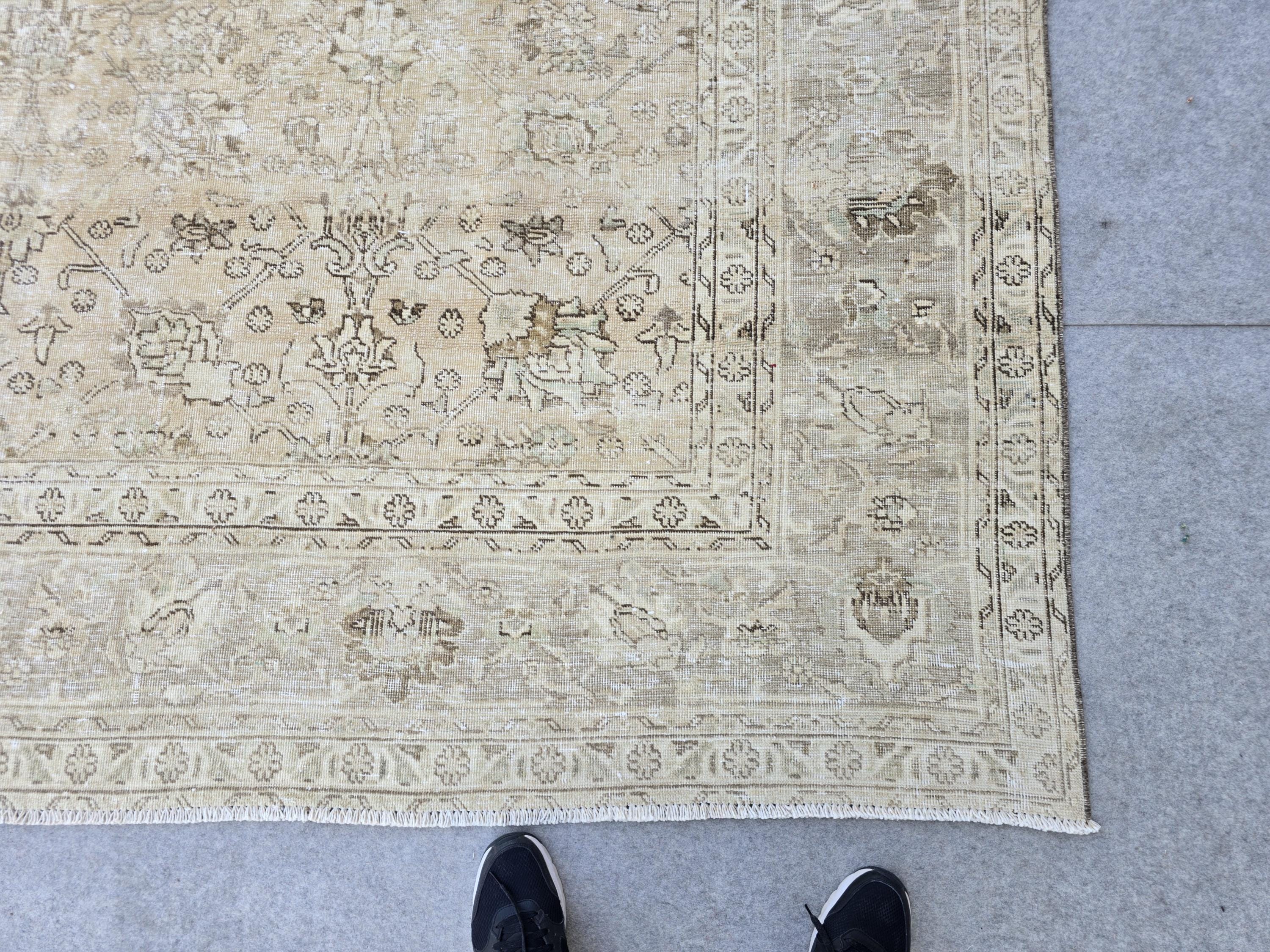Turkish Rug 9x12 Beige  Vintage Hand Knotted Oriental Area Carpet
