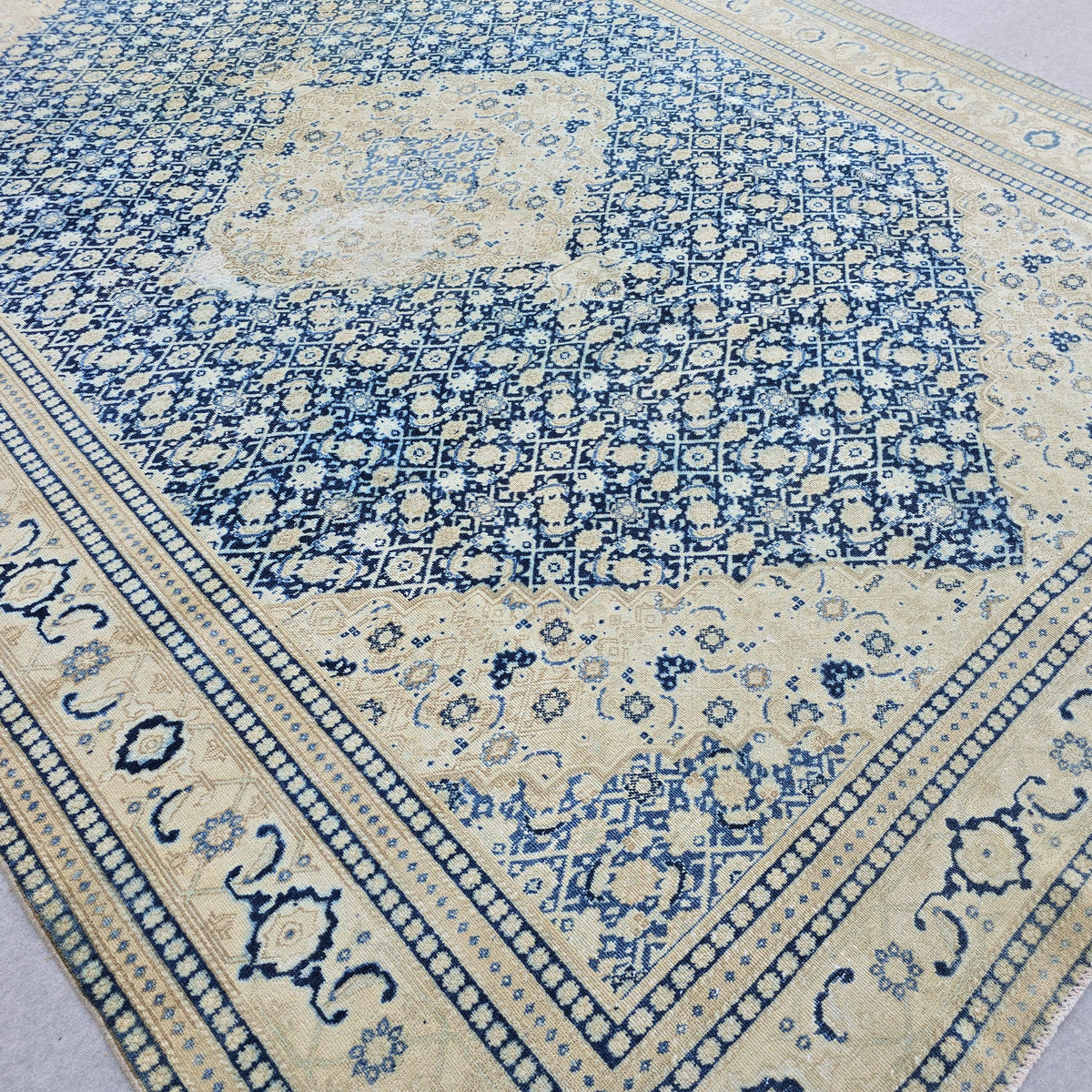 Wool 9x12 Oushak Rug -  Hand Knotted Wool Turkish Area Carpet Geometric Beige Blue