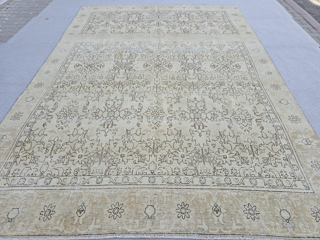 8.70x12.20 feet Cream Beige Floral Hand Knotted Vintage Turkish Wool Area Rug