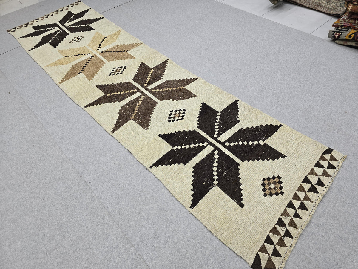Turkish Runner Rug 3x12, Vintage Ivory Brown Hallway Runner, Tribal Star Geometric Wool Corridor Carpet, Boho Farmhouse Decor