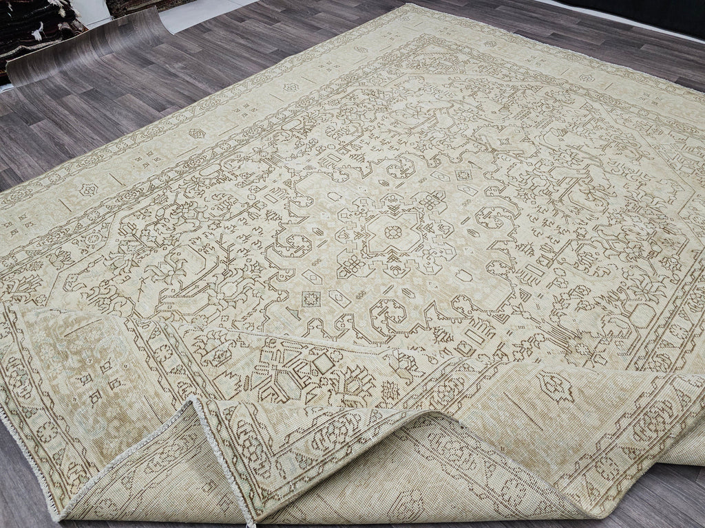 Oversize Hand Knotted Wool Rug: 9.60x12.60 ft. Vintage Turkish Geometric Carpet