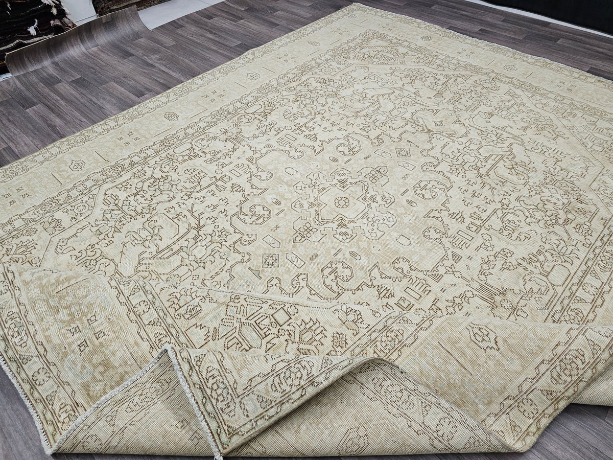 Oversize Hand Knotted Wool Rug: 9.60x12.60 ft. Vintage Turkish Geometric Carpet