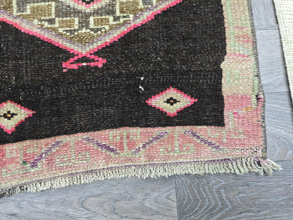 Vintage Turkish Wool Rug: Black & Pink Geometric Oushak Doormat (2x3 ft)