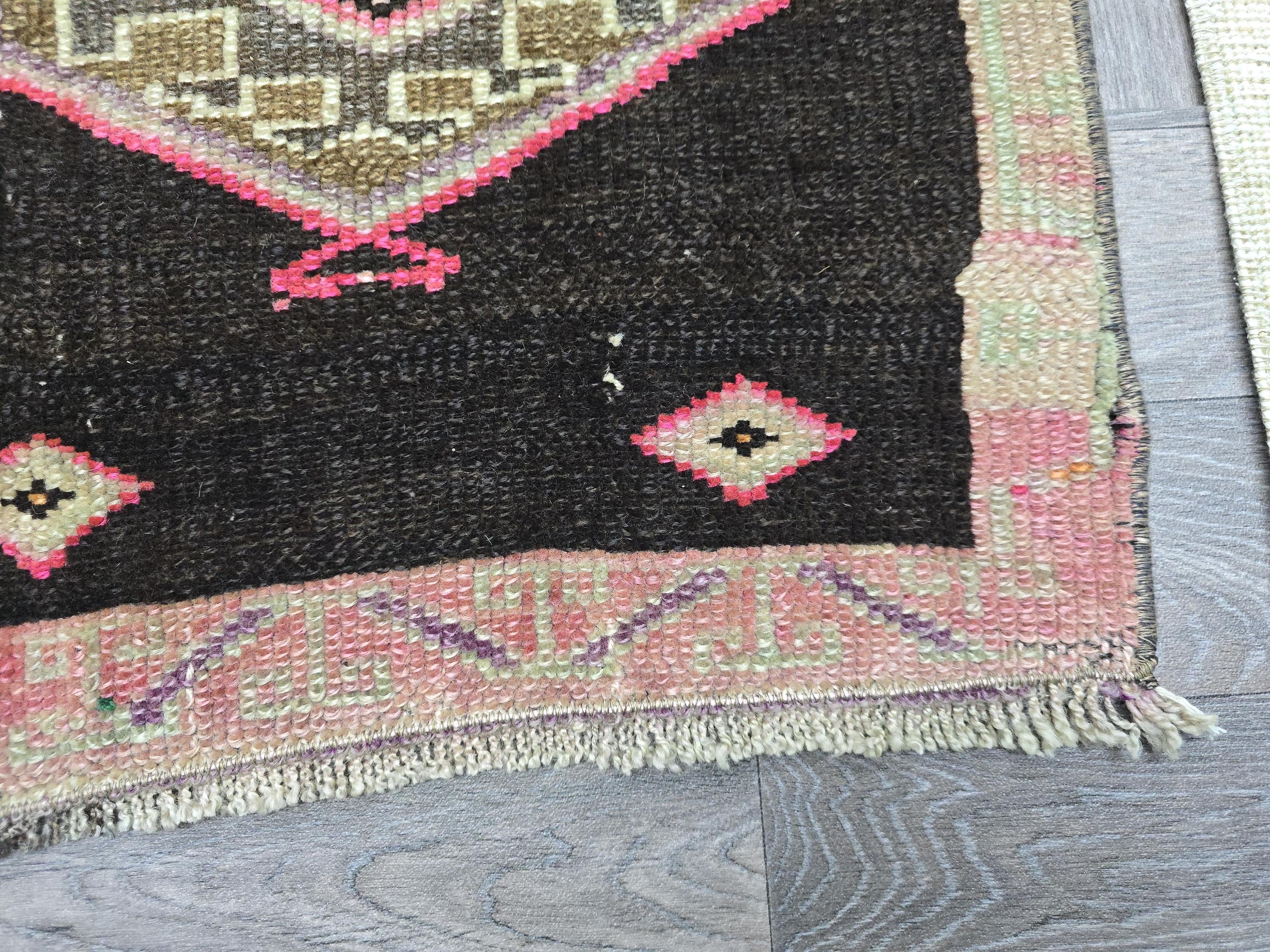 Vintage Turkish Wool Rug: Black & Pink Geometric Oushak Doormat (2x3 ft)
