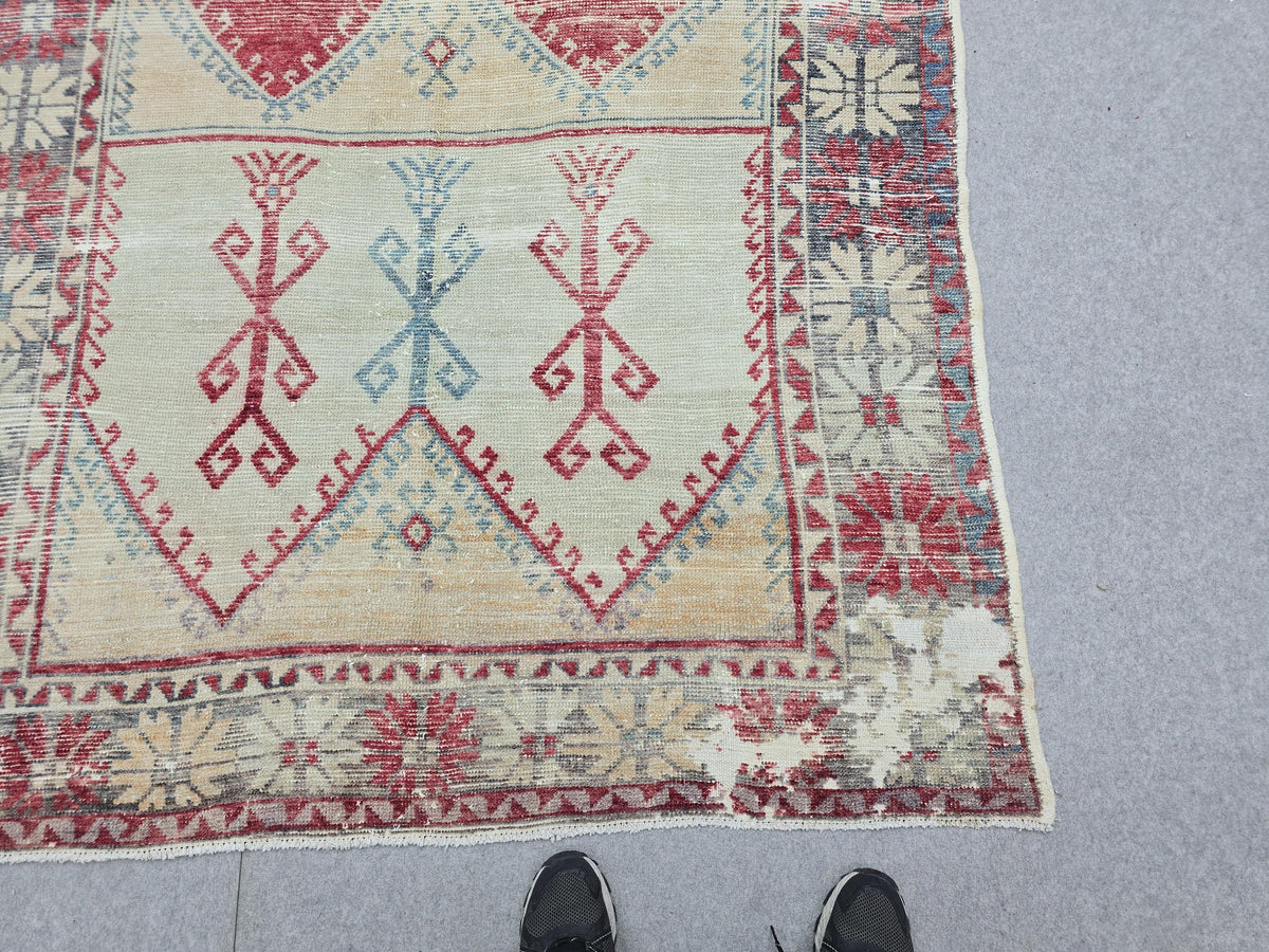 Oushak Rug 5x12, Antique Red Cream Distressed Wool Area Rug, Faded Panel Medallion Anatolian Wide Runner, Boho Farmhouse Living Room Decor