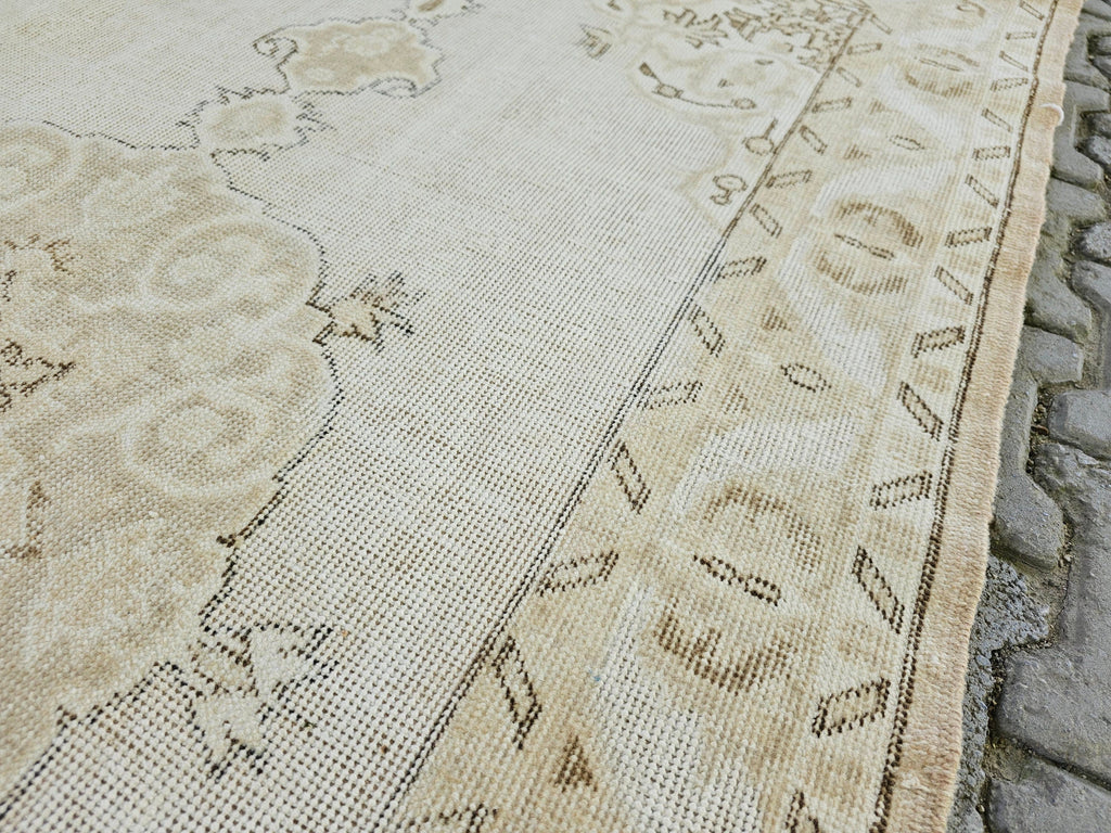 4x7 Hand-Knotted Wool Turkish Rug: Neutral Vintage Entryway Rug