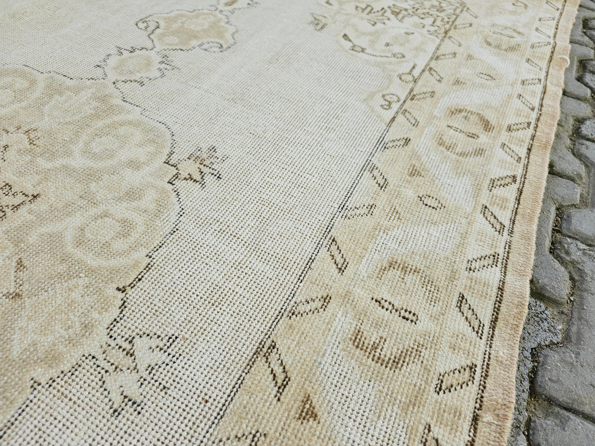 4x7 Hand-Knotted Wool Turkish Rug: Neutral Vintage Entryway Rug