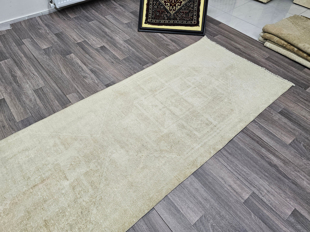 Neutral Oushak Runner Rug: 3x13 Vintage Turkish Hallway Rug