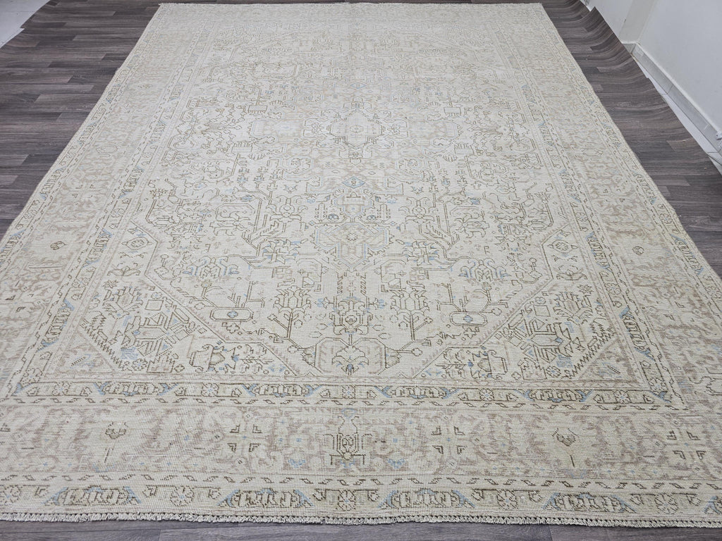 Handmade Distressed Turkish Area Rug: 9.3x12 ft, Faded Neutral Wool
