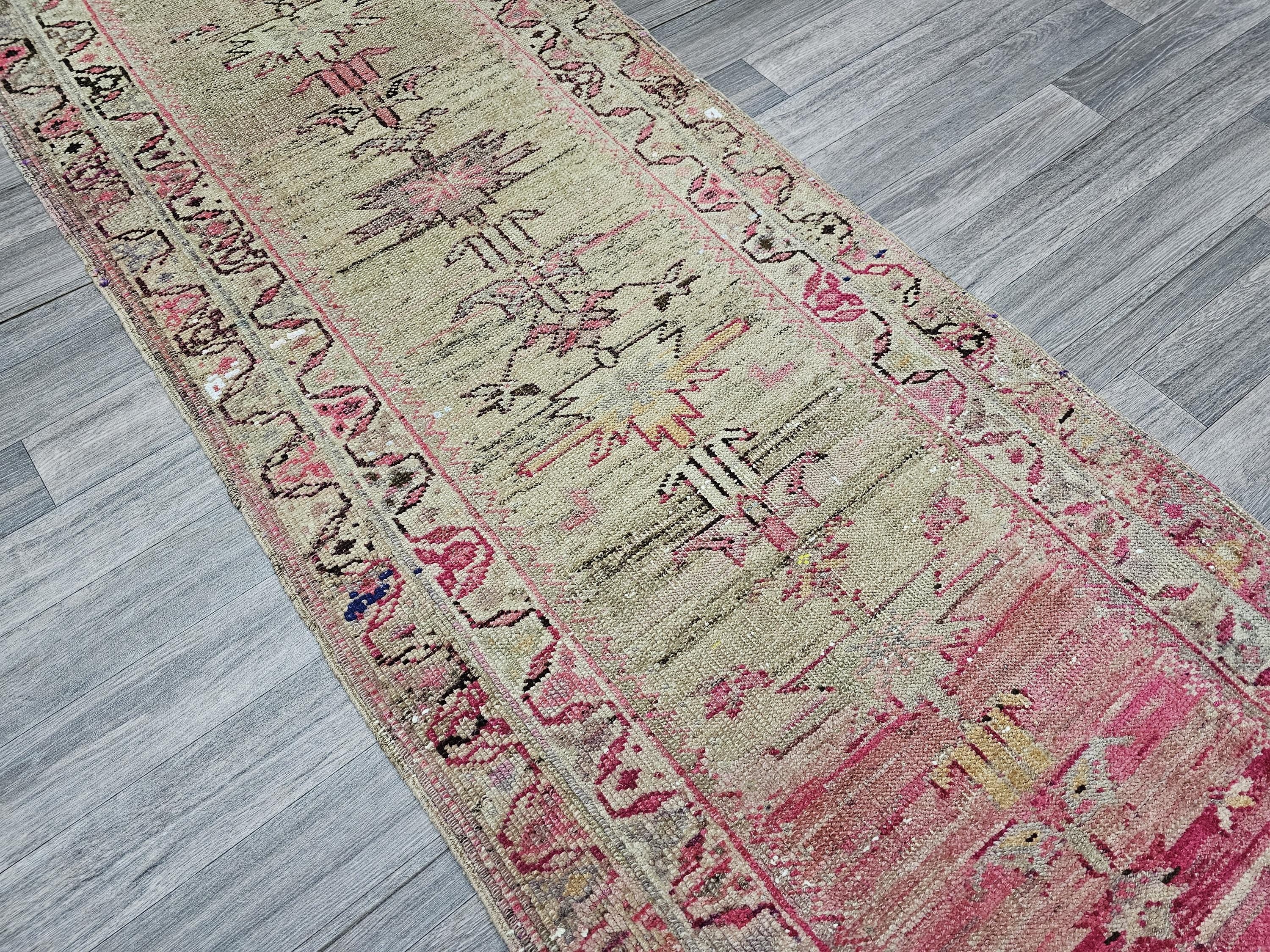 Vintage Turkish Wool Runner Rug: 3x12 Pastel Tribal Hallway Rug