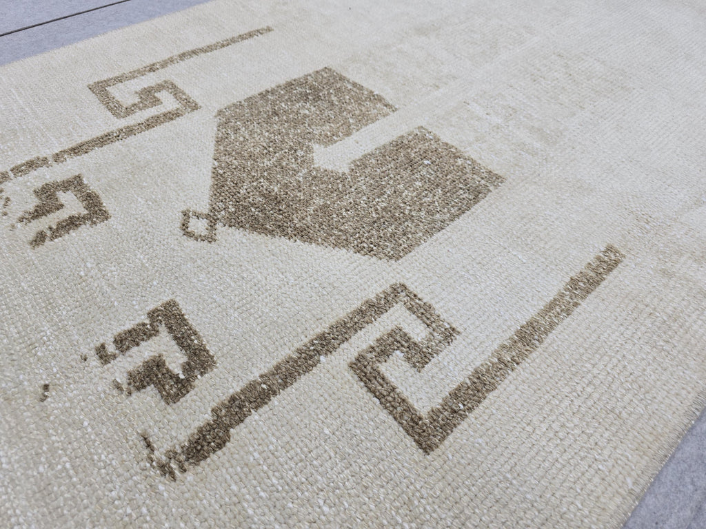 Oushak Rug 3x13, Minimalist Neutral Runner, Hand Knotted Wool Turkish Runner, Faded Oatmeal Hallway Rug, Vintage Boho Stair Carpet