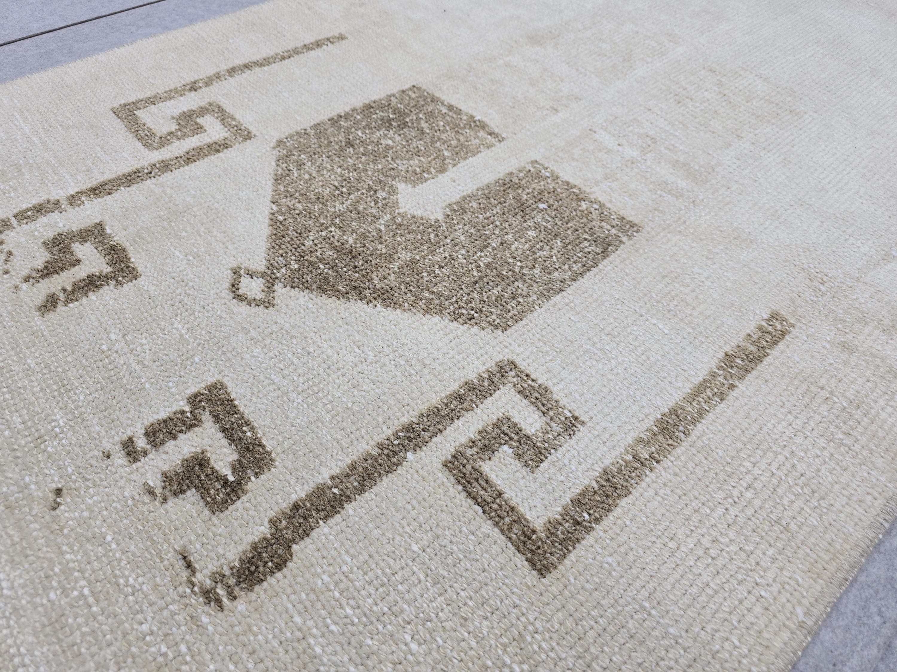 Oushak Rug 3x13, Minimalist Neutral Runner, Hand Knotted Wool Turkish Runner, Faded Oatmeal Hallway Rug, Vintage Boho Stair Carpet