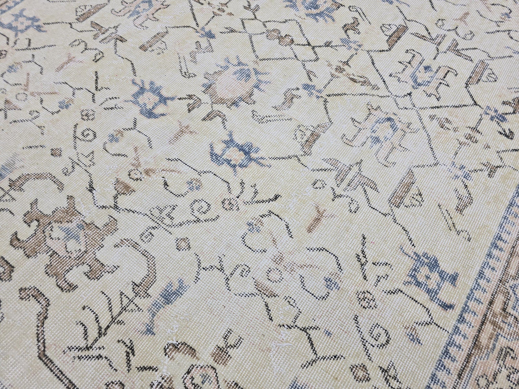 Vintage Turkish Oushak Rug 6x9, Hand Knotted Cream Blue Floral Carpet