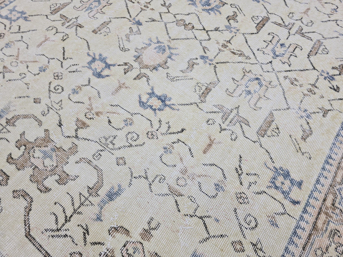 Vintage Turkish Oushak Rug 6x9, Hand Knotted Cream Blue Floral Carpet