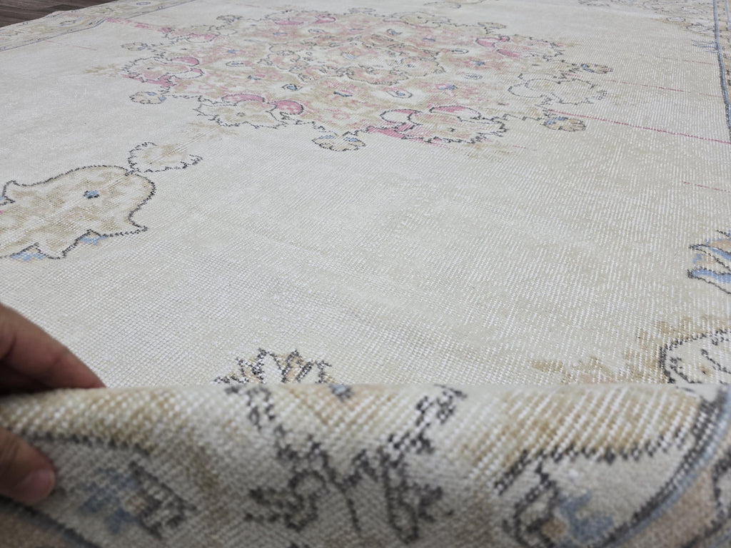 Turkish Rug 7x10 Vintage Cream Wool Area Rug Muted Pink Oushak Living Room Carpet