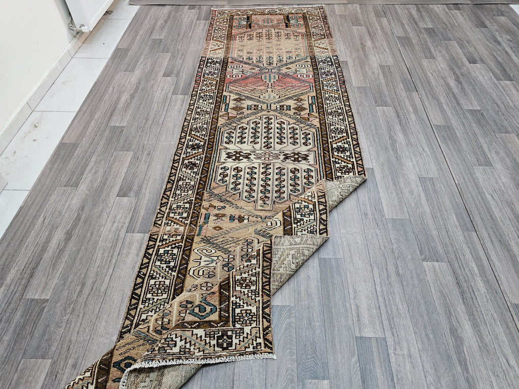 Wide Turkish Wool Runner Rug: Hand Woven Vintage Hallway Rug (3.14x10.35 ft)