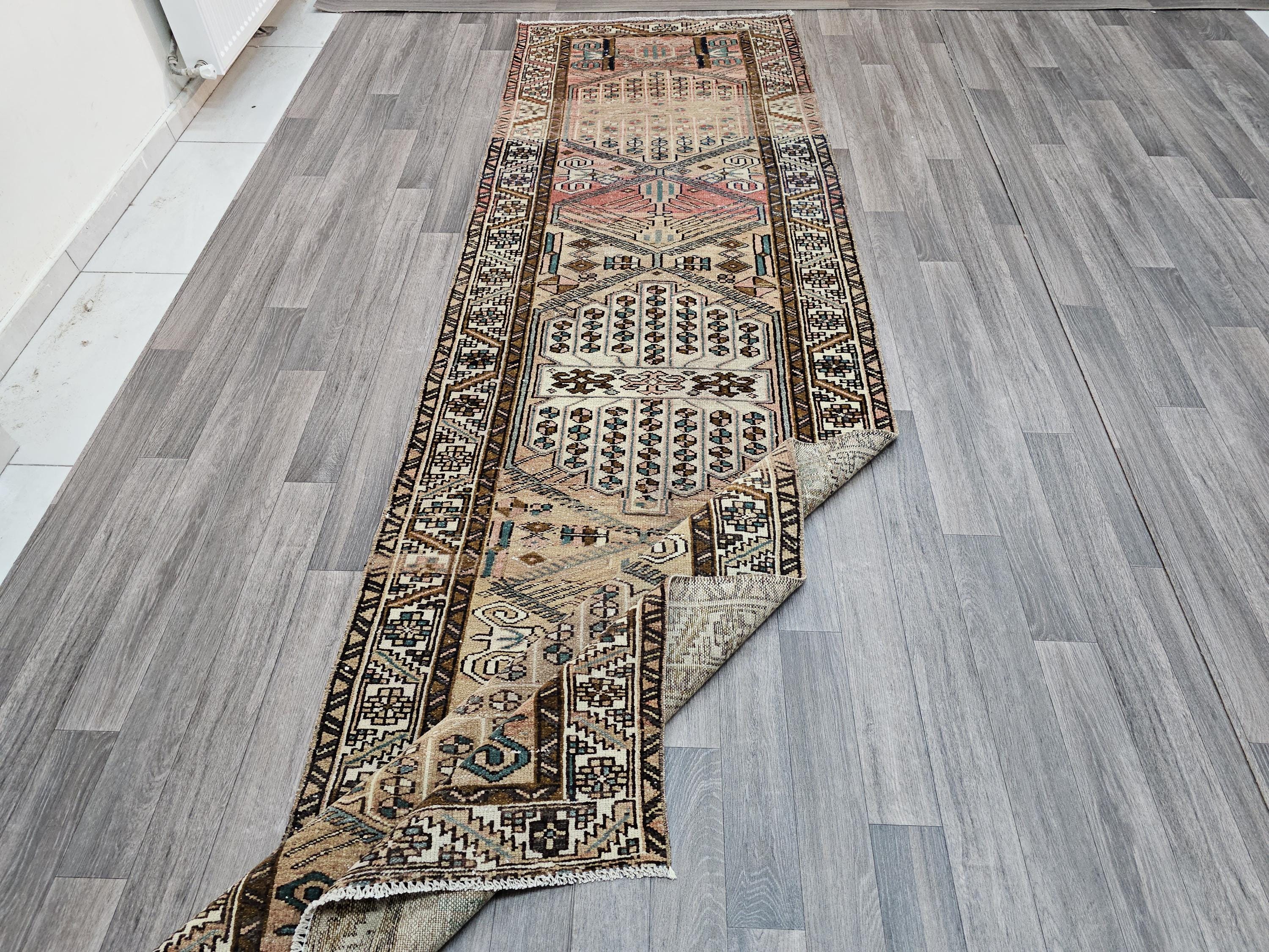 Wide Turkish Wool Runner Rug: Hand Woven Vintage Hallway Rug (3.14x10.35 ft)