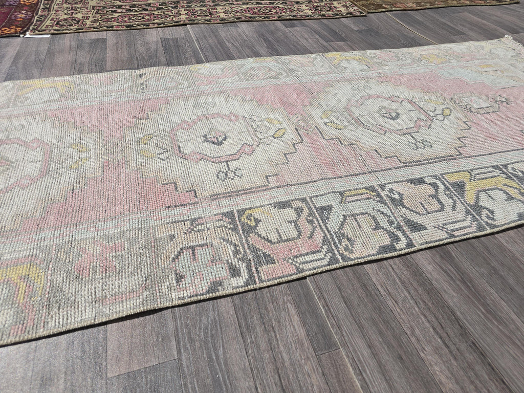 Neutral Oushak Runner Rug: 3x10 Vintage Turkish Wool Hallway Rug