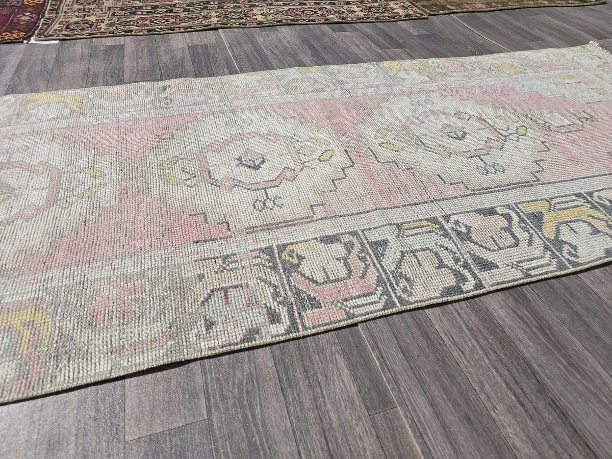 Neutral Oushak Runner Rug: 3x10 Vintage Turkish Wool Hallway Rug