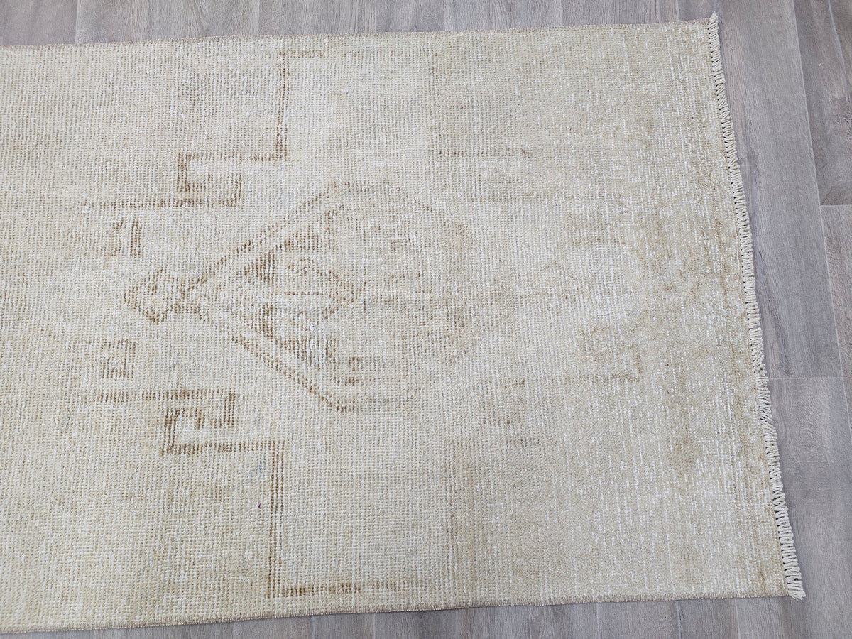 Neutral Beige Vintage Handwoven Wool Runner Rug - 3x11 feet | Timeless Hallway Carpet