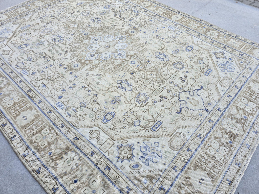 Oushak Rug 8x11, Vintage Turkish Rug, Blue Beige Area Rug, Hand Knotted Wool Rug, Faded Living Room Rug, Boho Neutral Carpet