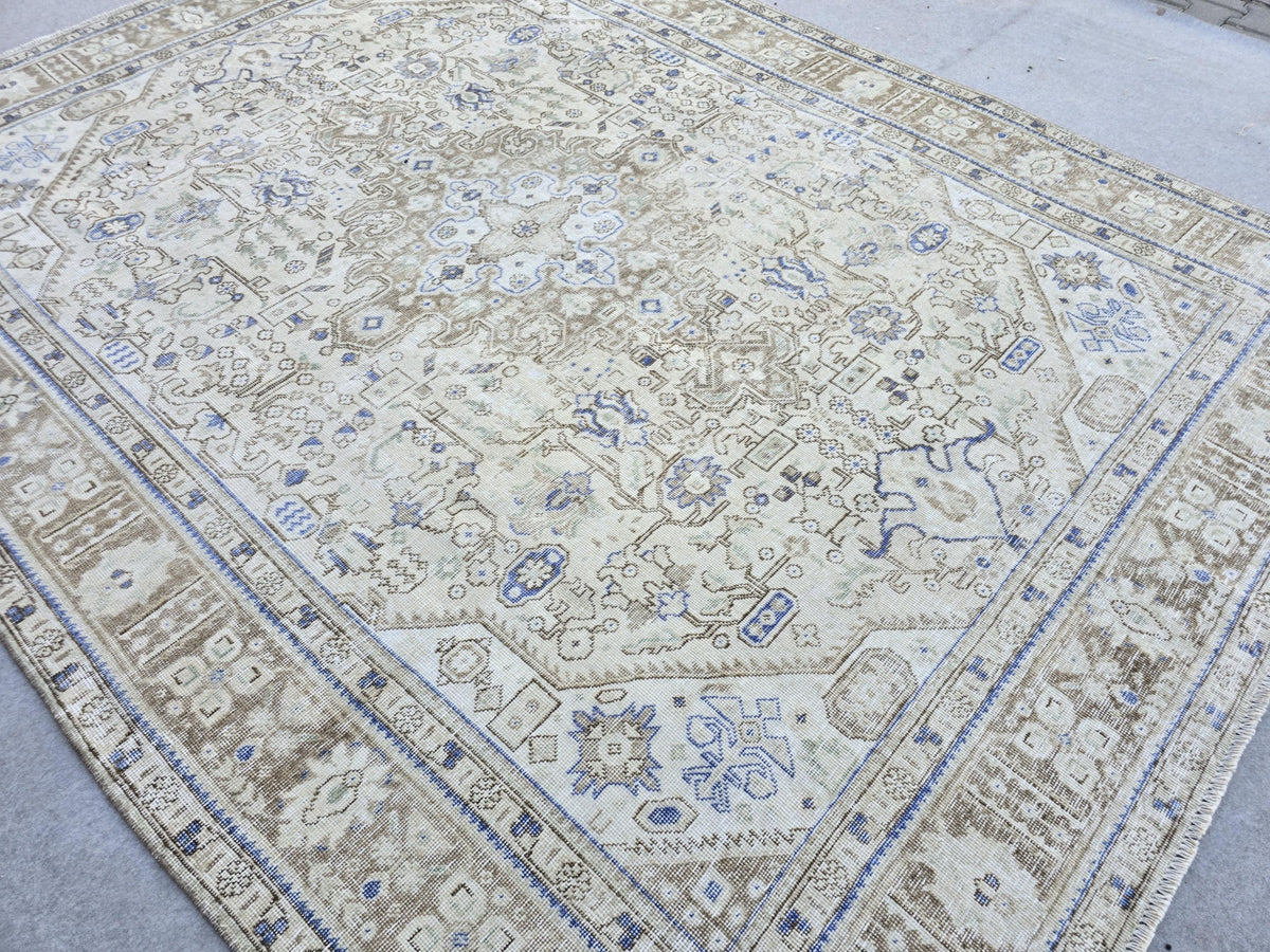 Oushak Rug 8x11, Vintage Turkish Rug, Blue Beige Area Rug, Hand Knotted Wool Rug, Faded Living Room Rug, Boho Neutral Carpet