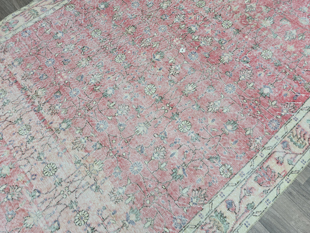 7x10 Vintage Turkish Rug  Cream Pink Oushak Rug Hand knotted Wool Area Rug Floral Living Room Carpet Pastel Oriental Rug