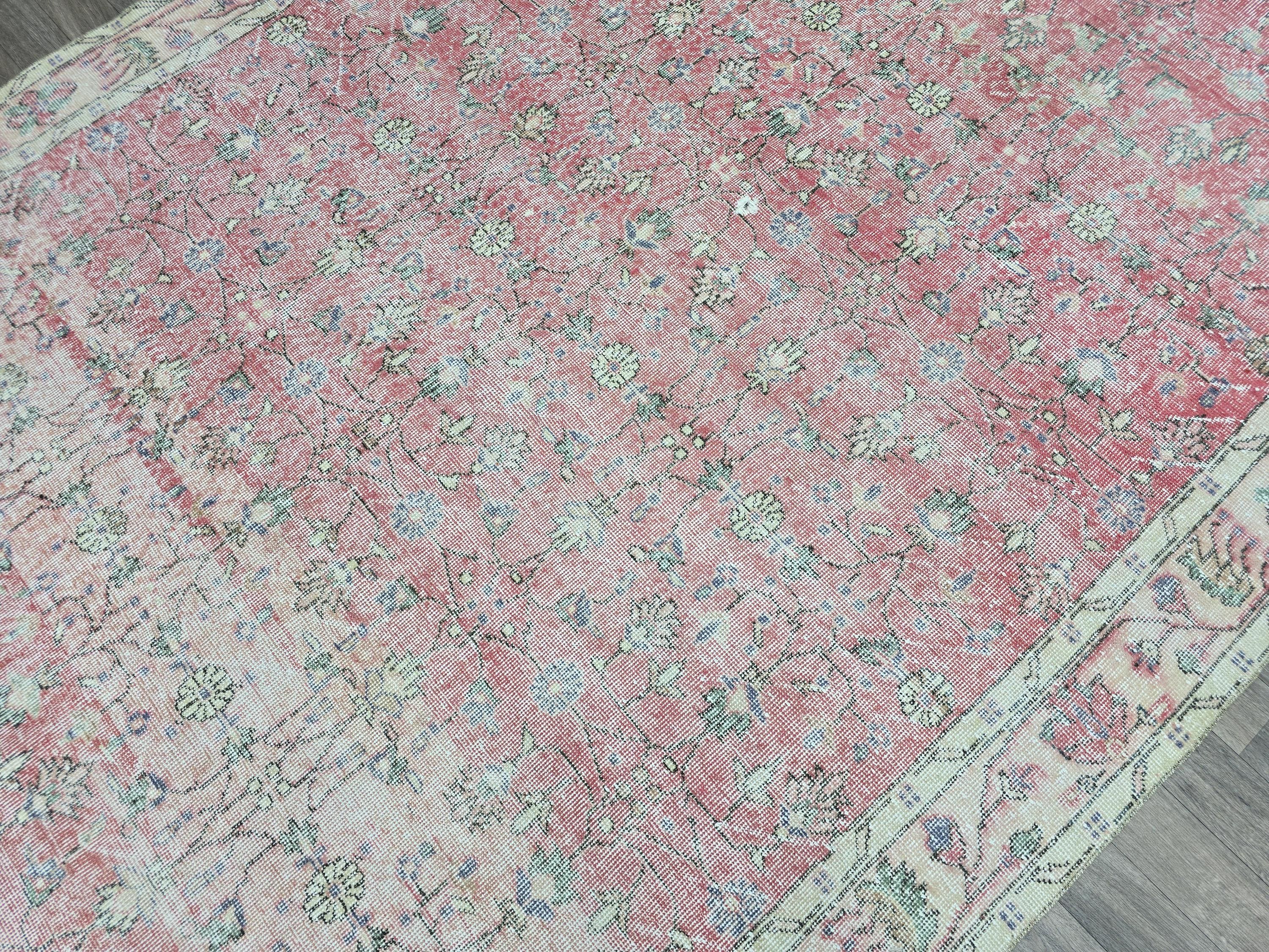 7x10 Vintage Turkish Rug  Cream Pink Oushak Rug Hand knotted Wool Area Rug Floral Living Room Carpet Pastel Oriental Rug
