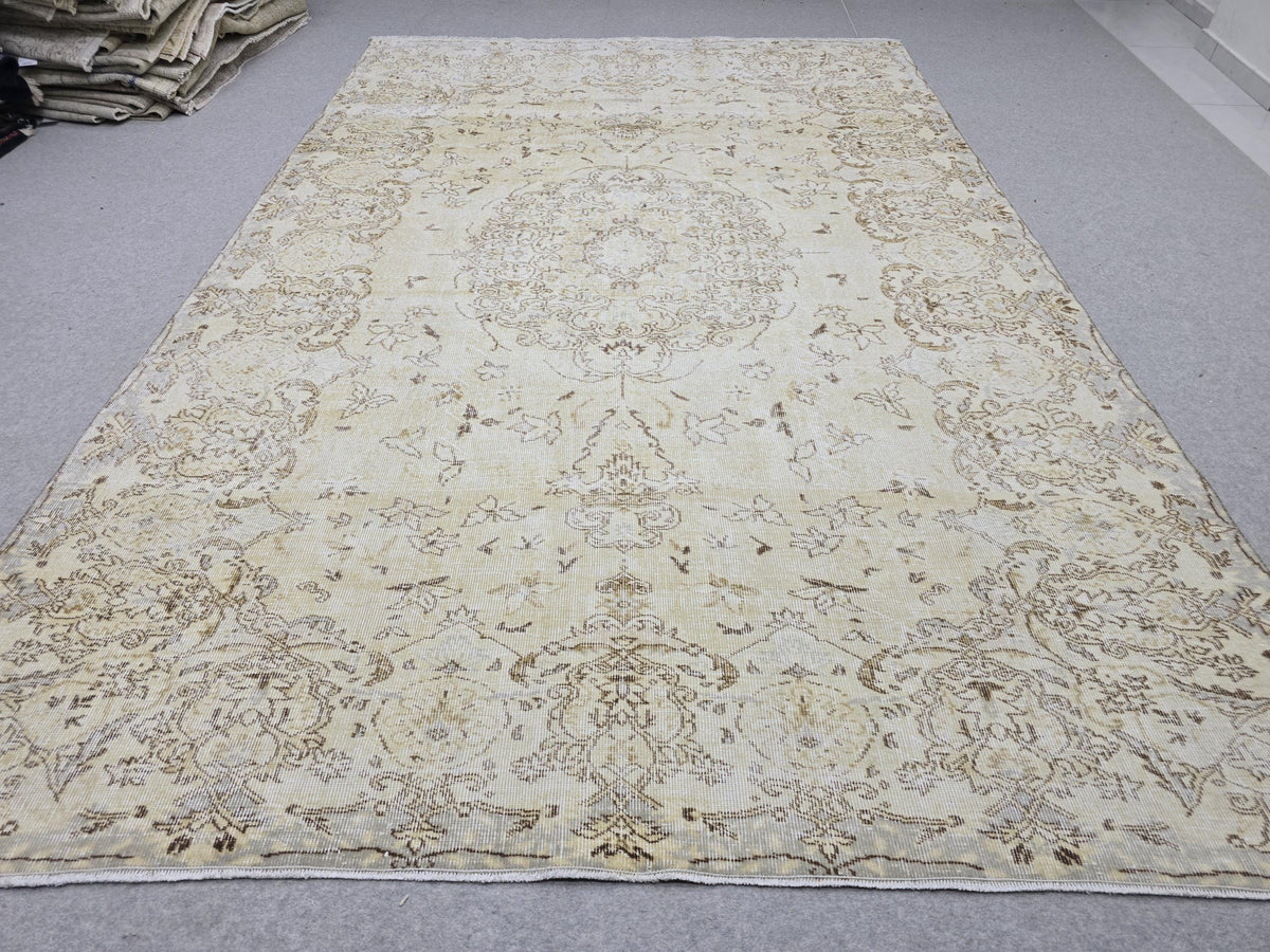 7x10 Oushak Rug Neutral Beige | Vintage Turkish Wool Medallion | Cream Living Room Carpet