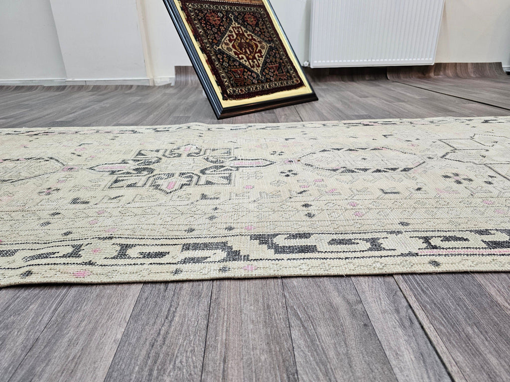Vintage Turkish Oushak Wool Runner Rug: 3x12 Neutral Hallway Carpet