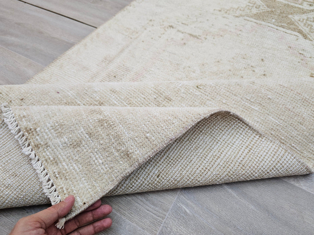 Hand Knotted Wool Turkish Runner Rug: Neutral Oushak Stair Runner (3x14 ft)