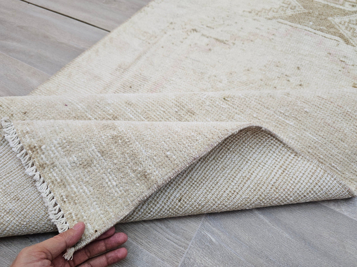 Hand Knotted Wool Turkish Runner Rug: Neutral Oushak Stair Runner (3x14 ft)