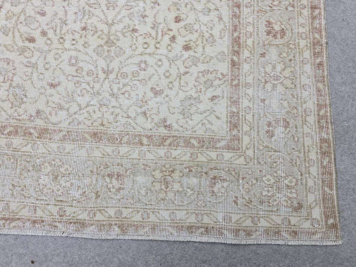 Handknotted Oushak Wool Rug 7x10, Cream Terracotta Floral Turkish Carpet