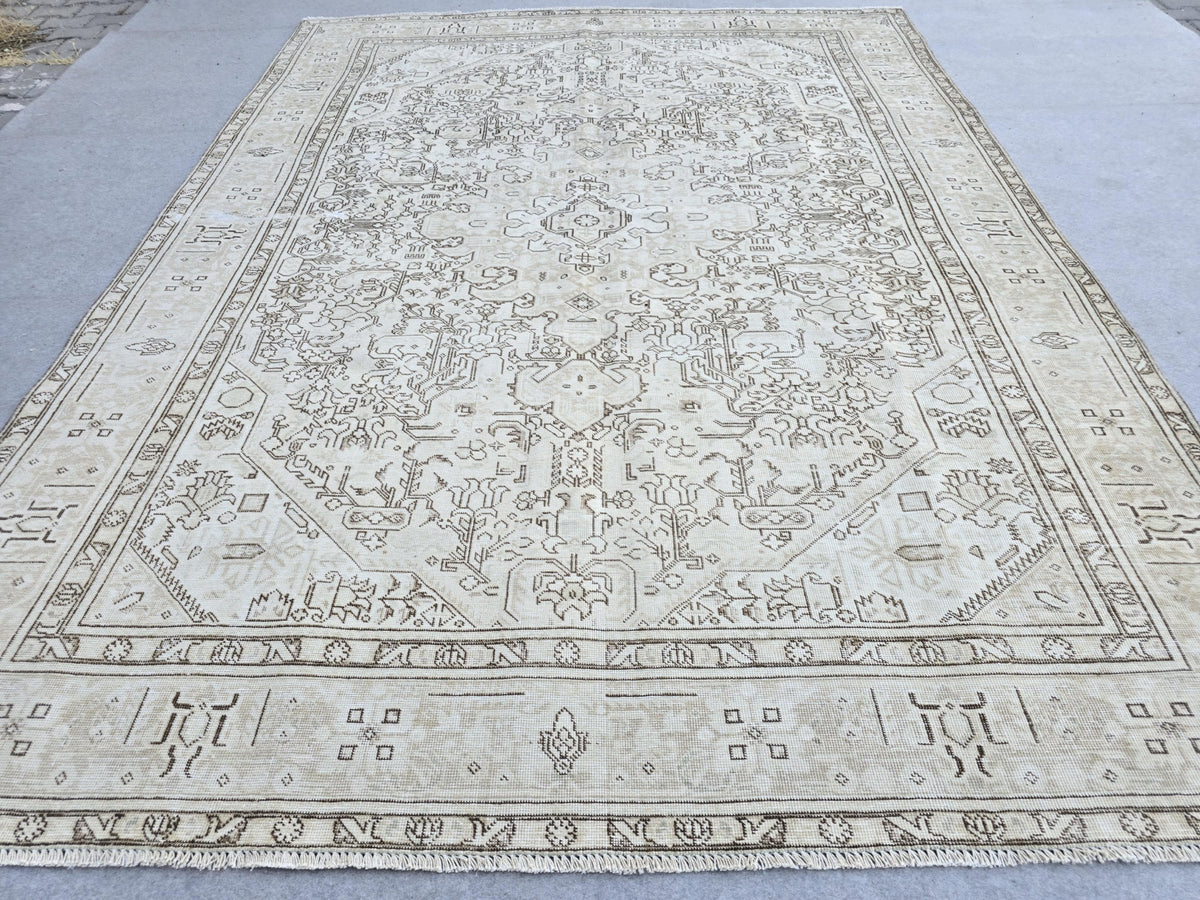 Turkish Rug 8x10, Ivory Bone Beige Wool Area Rug, Tribal Medallion Vintage Carpet for Living Room, Bedroom, Office, Boho Rustic Decor