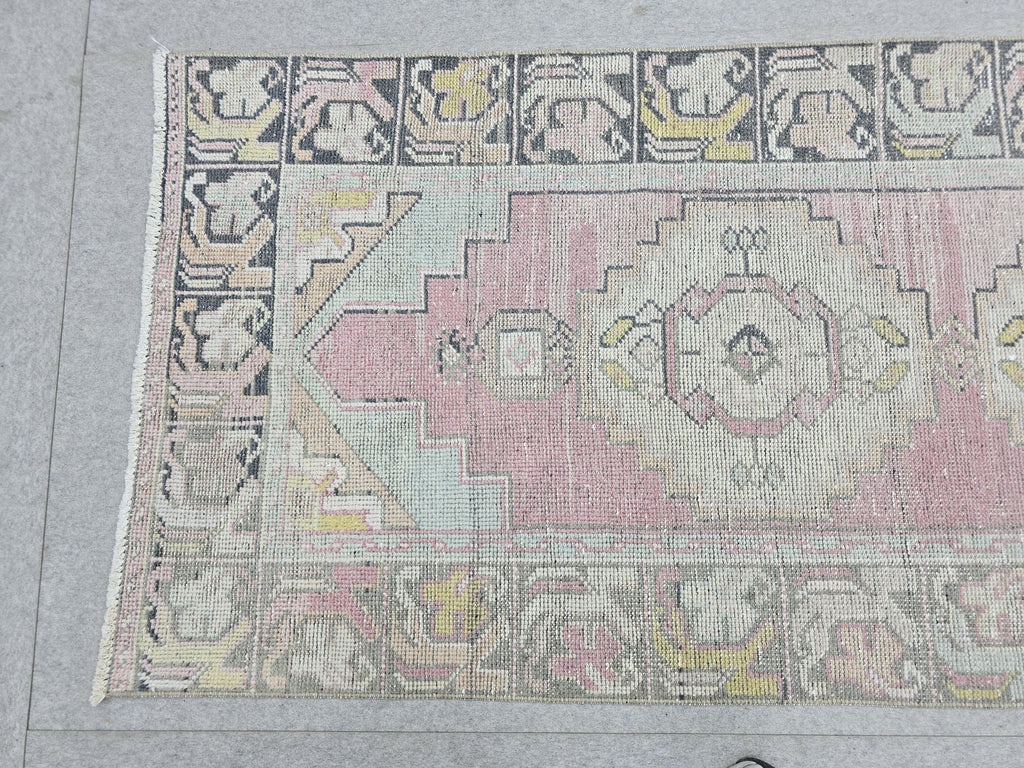 Turkish Rug 3x10, Pastel Pink Runner Rug, Hand Knotted Wool Oushak Runner, Faded Muted Hallway Rug, Vintage Boho Nursery Stair Anatolian rug